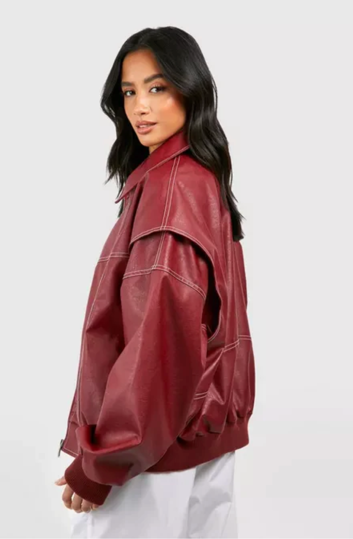 Victoria Leather Stitch Jacket-CHERRY RED